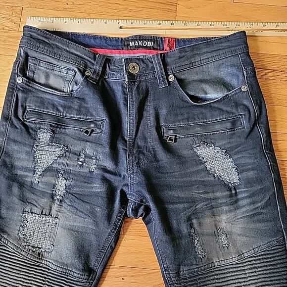 Makobi Prado Biker Rip Repair Moto Jeans Blue Dark Wash Low Rise Straight Leg - Picture 6 of 11